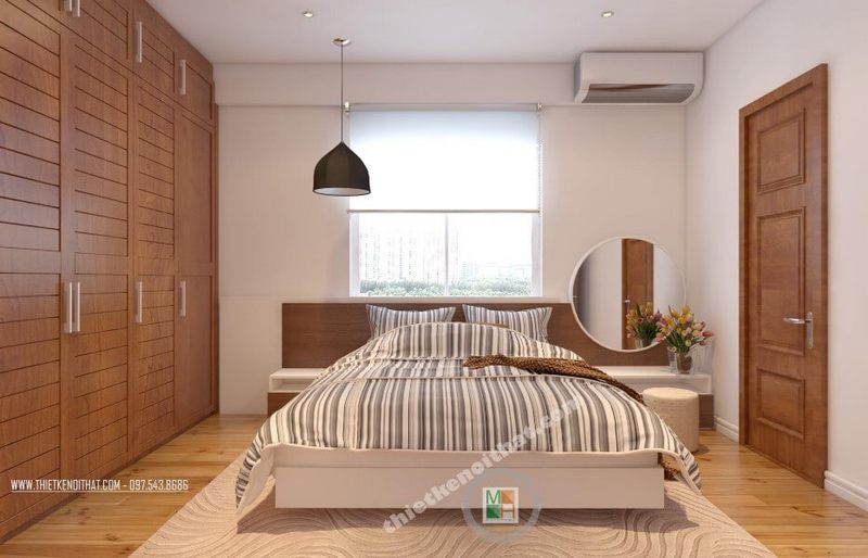 Mẫu thiết kế nội thất phòng ngủ CT4 Mỹ Đình hiện đại tiên nghi với hệ tủ quấn âm tường, giường ngủ gỗ cao cấp